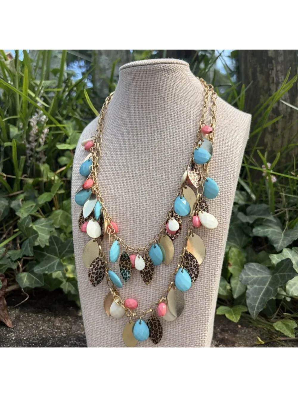 Y2K Turquoise Pink Leopard Print Leaf Charm Layered Statement Necklace Gold 22